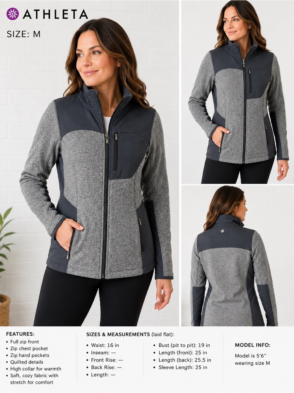 Athleta Women’s Gray Full Zip Jacket Size M Athletic Performance Jacket